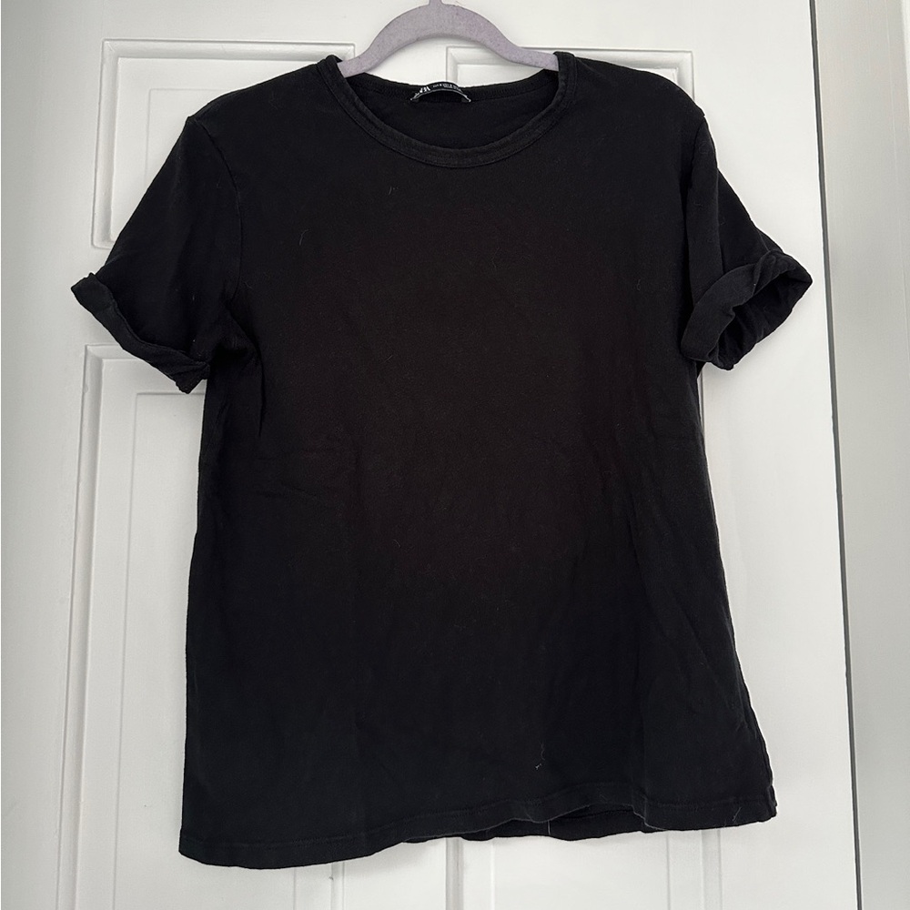 Zara Rolled Cuff Black Tee Shirt in Size Small